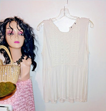 Women's White Babydoll Sleeveless Top Chochet Lace Detail Lg See Measurements