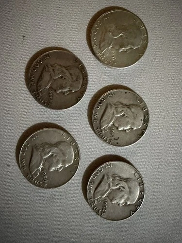 Franklin Half Dollar Circulated Lot of 5, Dates Shown, 90% Silver