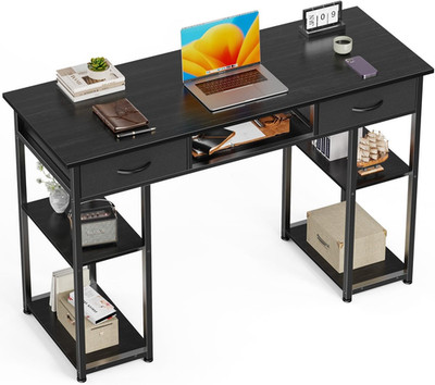 Compact 47'' Home Office Desk with 2 Drawers and Wooden Shelves - Black