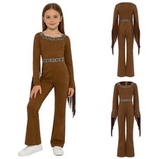 Girls Native Indian Costume Thanksgiving Outfit Fringed Long Sleeve Jumpsuit