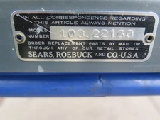 Craftsman 103 8" Table Saw Serial ID Badge,  Name Tag Plate, Emblem 103.22160