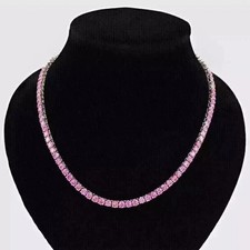 15CT Round Lab Created Pink Sapphire Tennis Necklace 14K White Gold Plated 18"