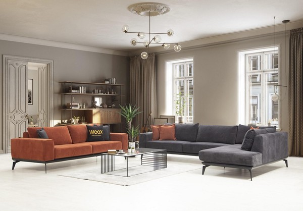 Graues Polster Ecksofa Designer Dreisitzer Stoffcouchen Wohnzimmer Set-image