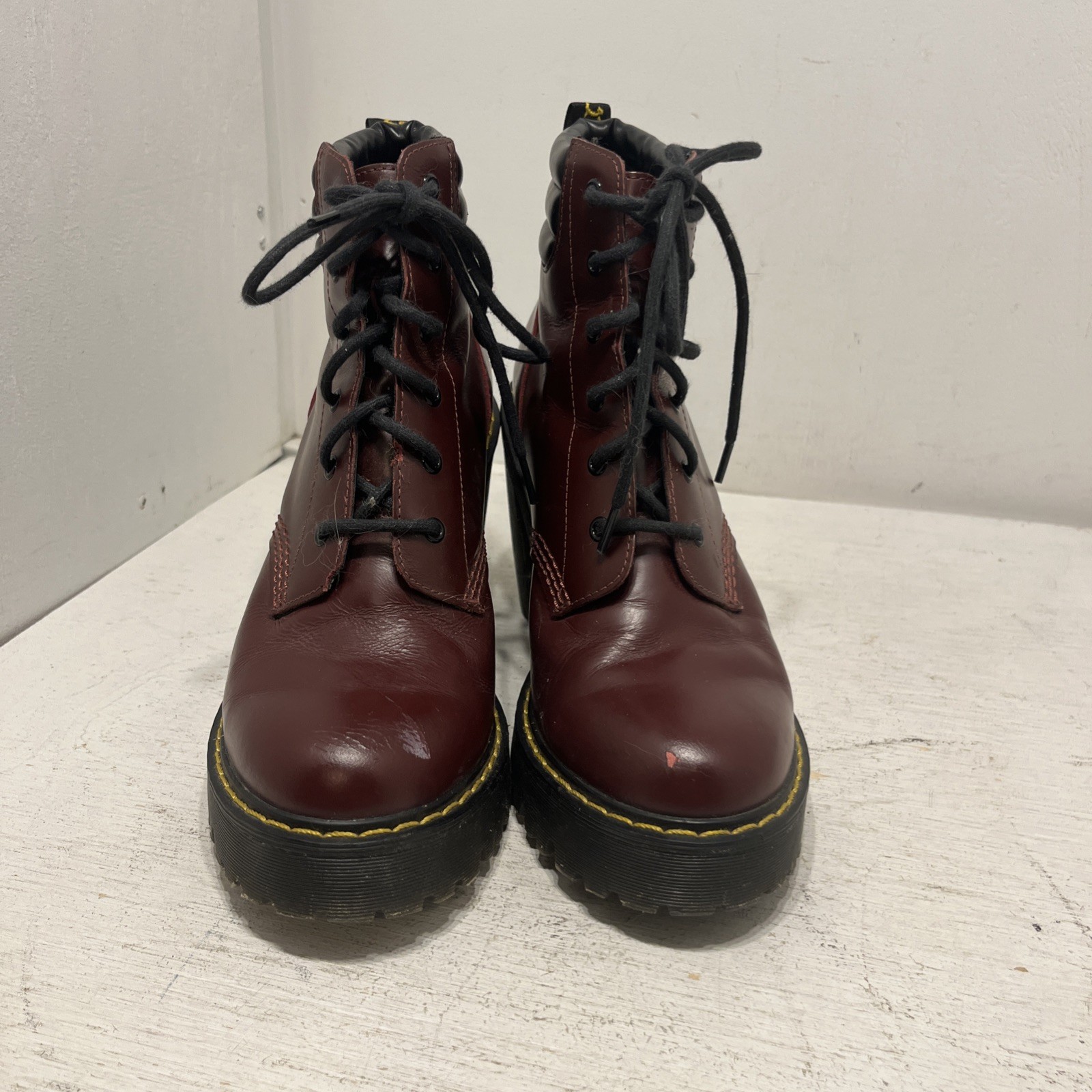 Dr. Doc Martens Persephone Cherry Burgundy Platform High Heel Boots Womens Sz 6