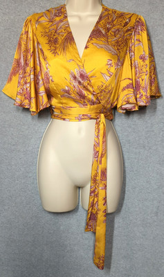 Alexis Rylie Yellow Floral Print Wrap Crop Top S Flutter Sleeves Tres Chic Sexy