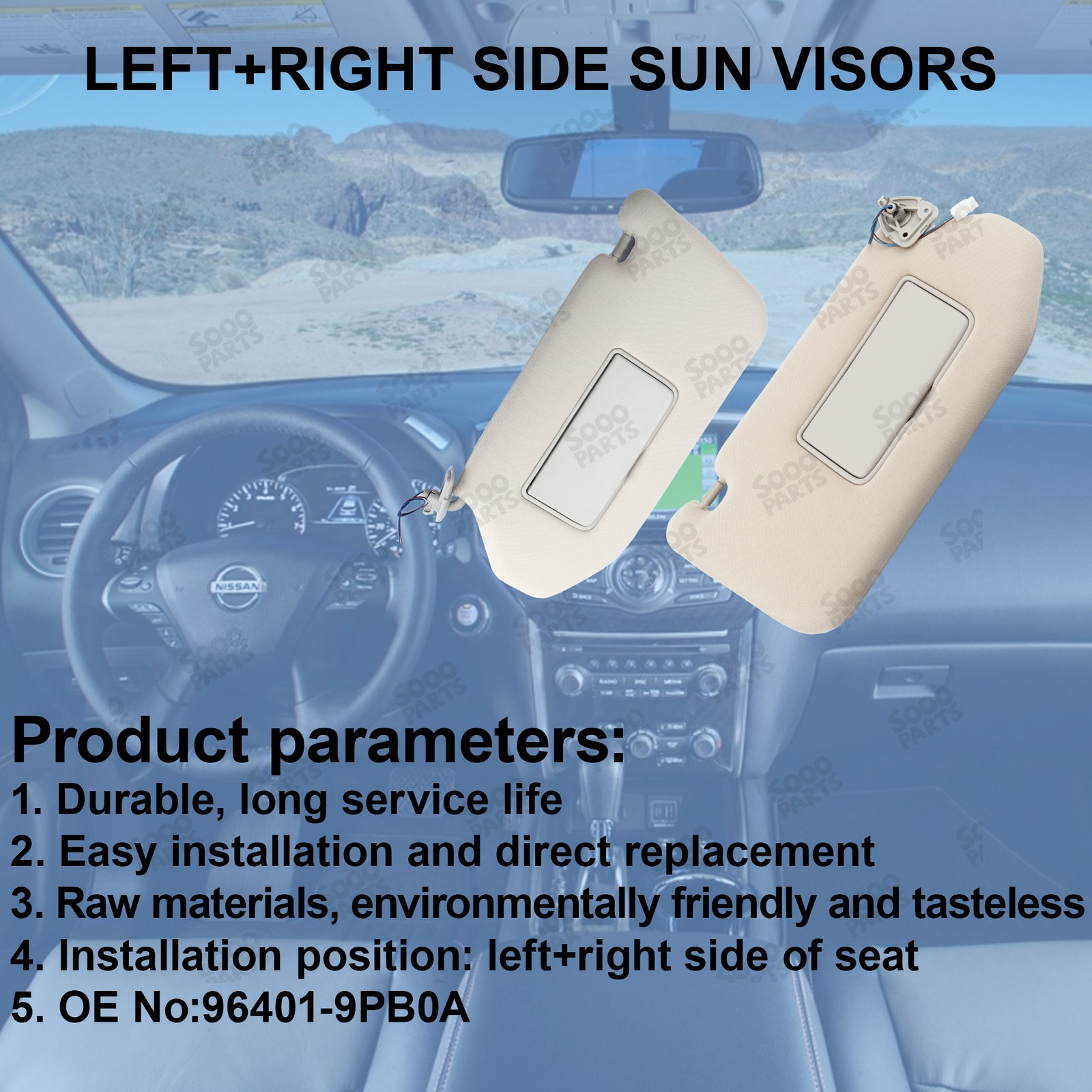 Pair Left & Right Gray Sun Visor For 13-18 Nissan Pathfinder 14-17 Infiniti QX60