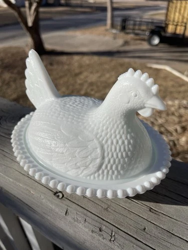 Hen on a Nest Milk Glass BLUE Indiana Glass MCM HON 7” lidded candy dish chicken