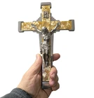 Vintage Art Deco Crucifix Wall Cross Mother of Pearl Style Inlay Metal Jesus 10"