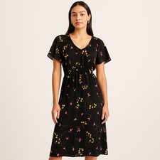 Madewell Women's Black Floral Midi Dress Size Small  Short Sleeve, Elastic Waist