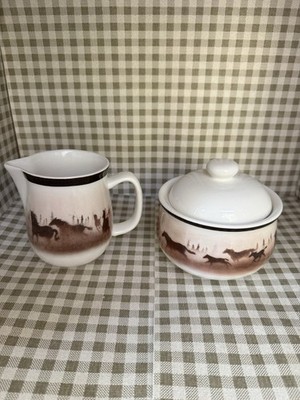 Big Sky  Wild Horses  Creamer and  Sugar Bowl w/ Lid Stoneware Thomas Norby 1999