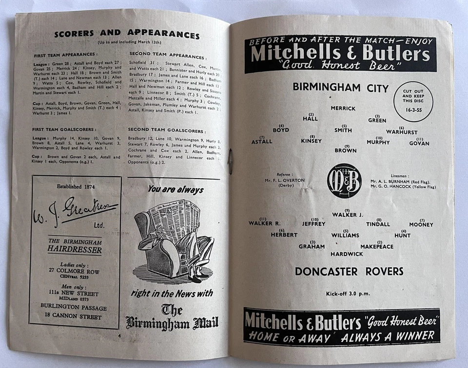 Birmingham City v Doncaster Rovers League Game 16th March 1955 - Image 2 of 3