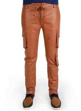 Men Pant Brown Handmade Genuine Leather Lambskin Cargo Stylish Trouser Biker Fit