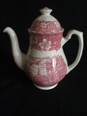 Vintage Kaffeekanne Coaching Tavernen rosa & weiß Transferware Royal Tudor