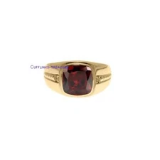 Natural Garnet & CZ Gemstones 925 Sterling Silver Gold Plated Ring For Men #4550