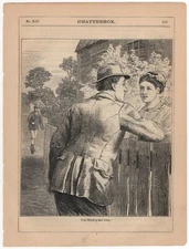 1873 Victorian Art Engraving, Tom Harding and Lucy Conversation at Fence