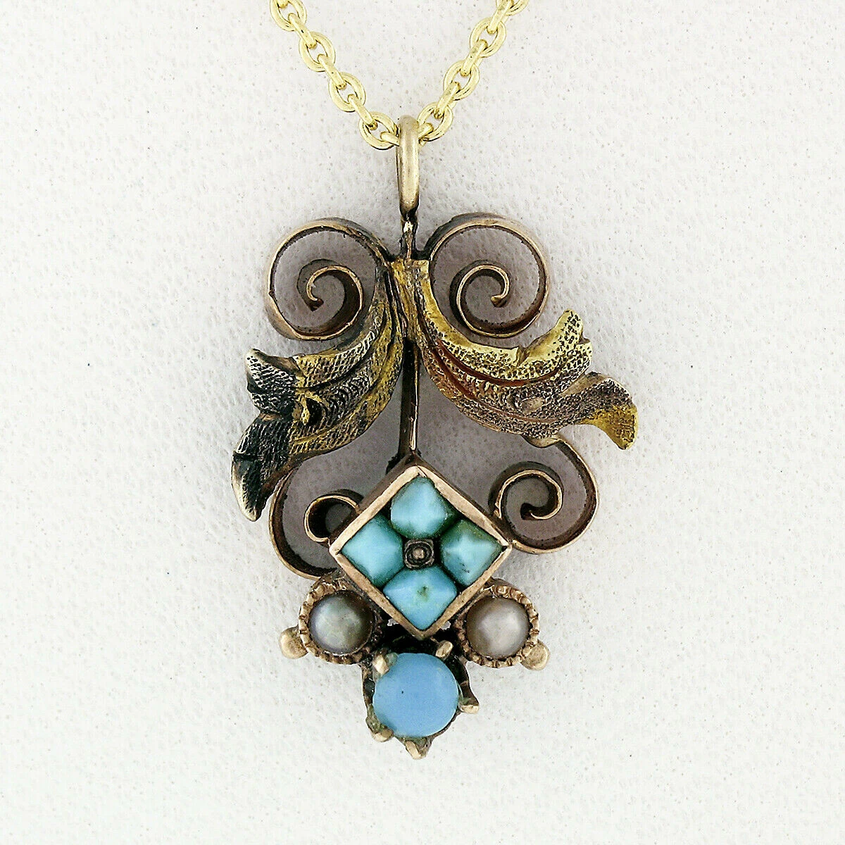 Antique Victorian 14k Gold Open Floral Pearl Turquoise Lavalier Pendant Necklace