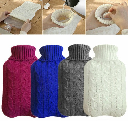Large Natural Rubber 2L Hot Water Bottle Bag Warm Faux Fur Fleece Knitted Cover"