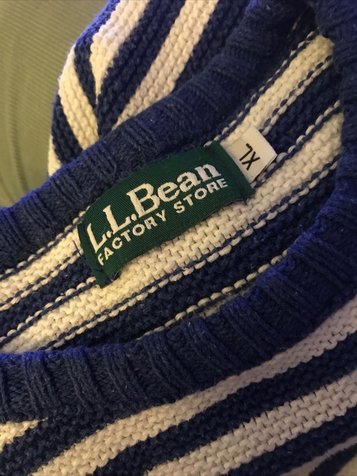 L.L Bean Factory Store White Blue 3/4 Sleeve Striped Pullover Sweater