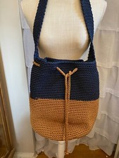 Crochet Bucket Bag Drawstring Purse Blue  Tan Boho