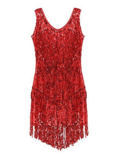Damen Glänzende Tanzkleid Lateinkleid mit Pailletten Quasten Ärmellos Tanzkostüm - Picture 6 of 29