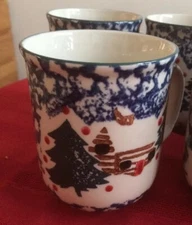 3 Tienshan Folk Craft CABIN IN THE SNOW Coffee Mugs Cups Spongeware Christmas