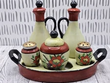 Vintage Condiment Tray With Vinager Oil Salt Pepper And Mustard Jar Amazing