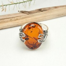 HANDMADE AUTHENTIC BALTIC AMBER 925 STERLING SILVER RING SIZE 8 JEWELRY 10232