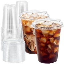 100 Pack 16 oz Clear Plastic Cups with Lids, Disposable Iced Coffee Cups with...