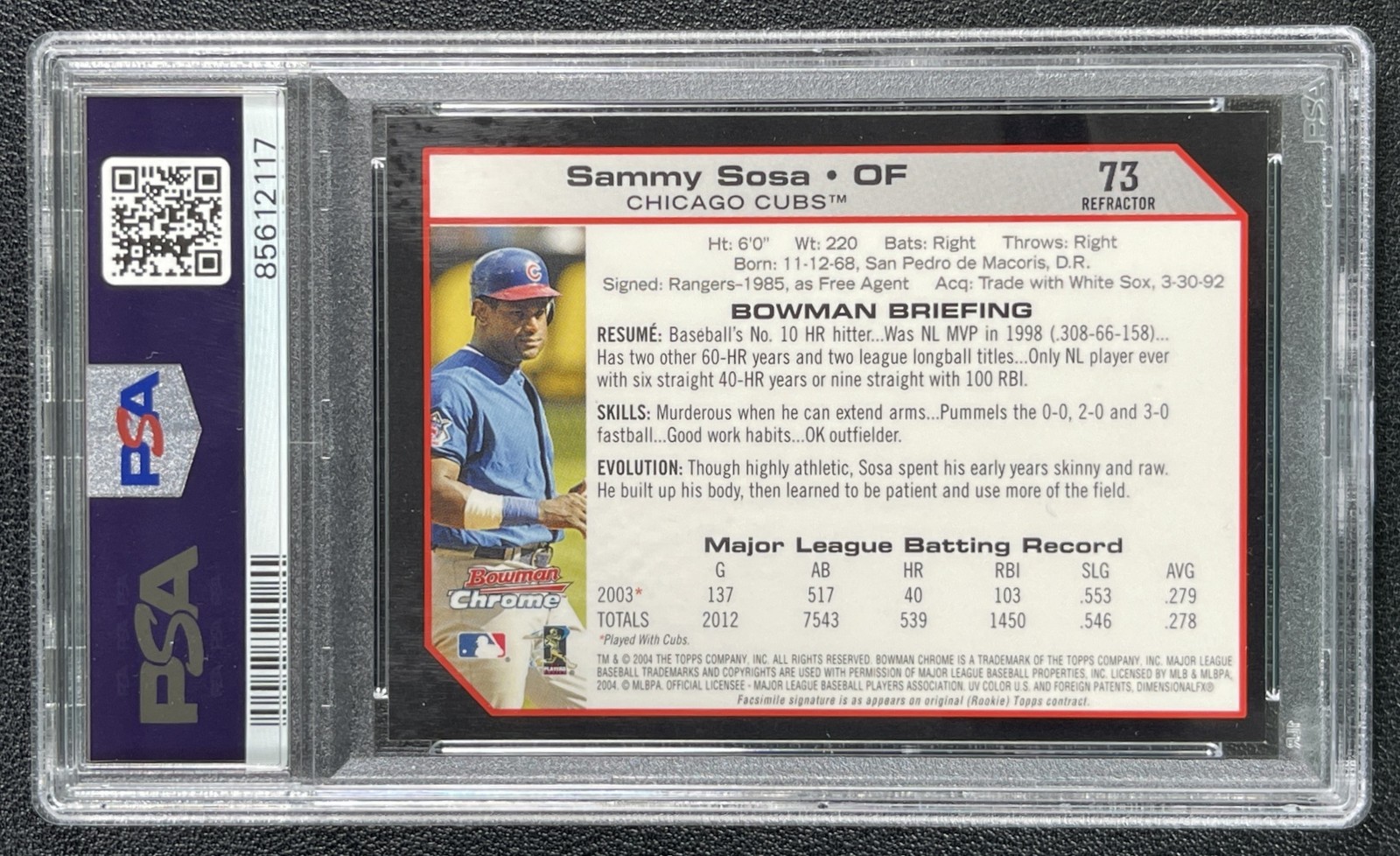 SAMMY SOSA PSA 9 2004 BOWMAN CHROME #73 REFRACTOR CUBS 2117 view 2
