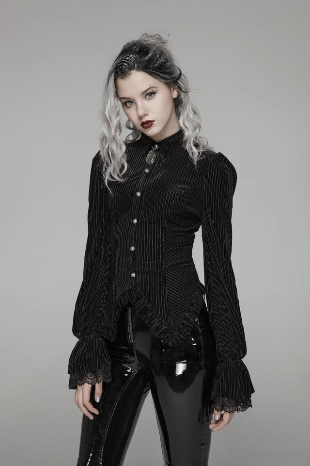 Blusa gótica victoriana estilo steampunk a rayas negras - Punk Rave WY-1041 Foto 2 de 4