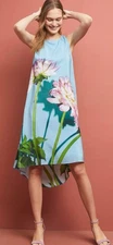 Anthropologie Photorealistic 100% Silk Dress floral Sz 8 Blue A-line