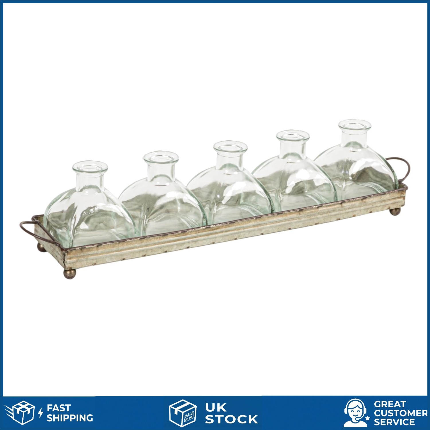 Stunning 5-Piece Iron Tray & Glass Vase Set - Perfect for Floral Arrangements