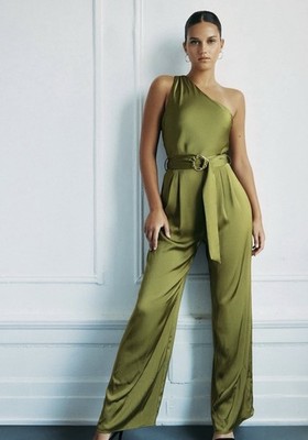 ZARA ASYMMETRIC LONG Green SATIN JUMPSUIT - SIZE XS NWT