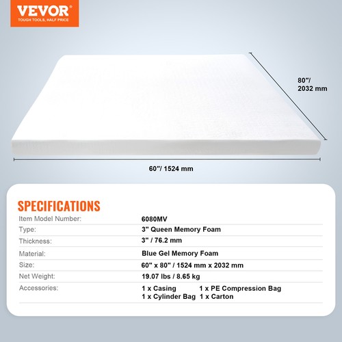 VEVOR Mattress Topper Memory Foam Detachable & Washable Queen 76.2 mm Thickness - Bild 7 von 12