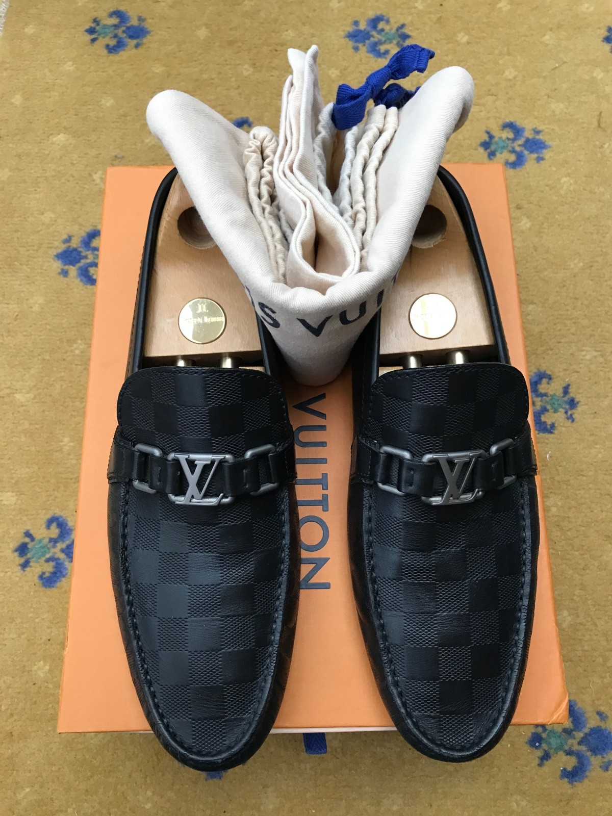 Louis Vuitton Hockenheim Damier Black Shoes Loafers Drivers Mens UK 9.5 US 10.5