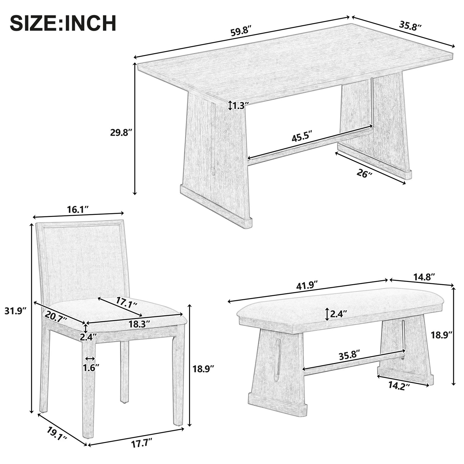 TREXM 6-Piece Rustic Farmhouse Dining Table Set with Wire Brushed Design, Rectangular Dining Table with Trapezoid Legs, 4 Upholstered Linen Chairs & 1 Padded Bench for Dining Room & Kitchen (Espresso)