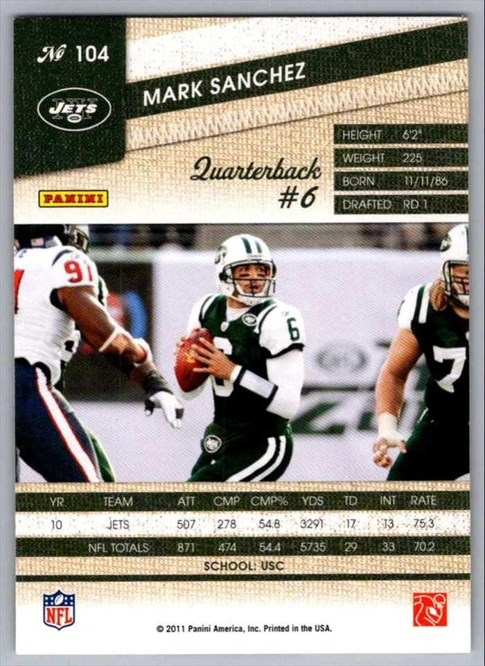 2011 Panini Threads Mark Sanchez New York Jets #104 - Image 2 of 2