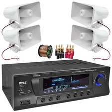 Pyle PT272AUBT Theater Audio Receiver, 4x 8'' 65W PA Horn Speakers, Banana Plugs