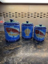 Clay Art "Adriatic" kitchen canisters. set of 3. Hand painted Great Condition