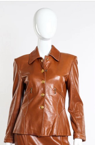 ESCADA Margaretha Ley Vtg 80s Camel Leather Mod Big Grommets Logo Crop Jacket 42 - Picture 5 of 5