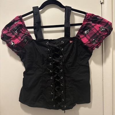 Skelanimals Corset Y2K Goth Lace Up Black & Pink Top Puff Sleeves Emo Alt Punk