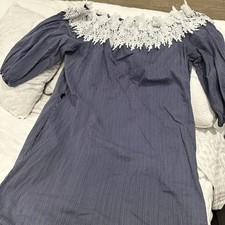 White Embroidered Dress Size L Boat Neck Blue & White striped Vacation A Calin