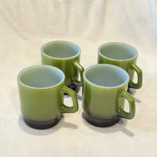 4 Vintage 70s Avocado Green Fire King Coffee Mug Cups Black Stackable Fade Ombre