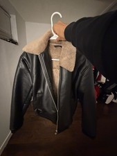Women s Black Faux Leather Biker Jacket M Short Faux Fur Collar Lined Full Zip