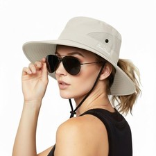 Women's Summer Sun Hat Beach Wide Brim UV Protection Hat with Ponytail Hole
