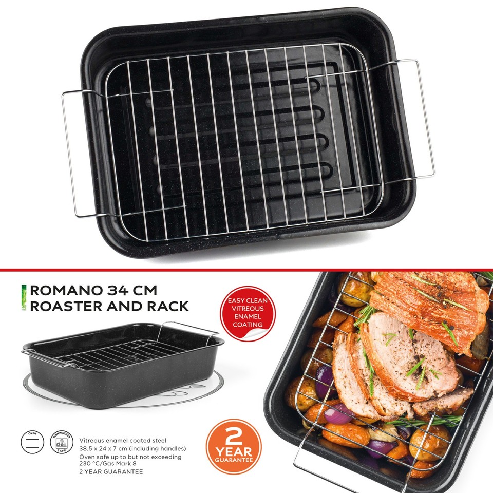 Russell Hobbs CW11491 Vitreous Enamel Romano Self Basting Roasting Tin Oven Roaster Dish With Lid, Dishwasher Safe, Oven Safe, Long Lasting, 36 cm, Black