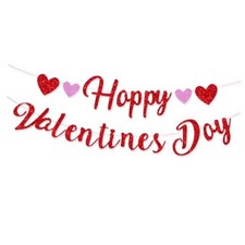 Happy Valentines Banner Valentine's Paper Banner Red Glitter Heart Signs for