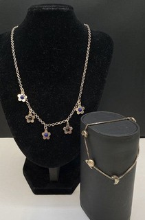 Sterling Silver 925 Lapis Flower Necklace & Moon Snail Bracelet Set 13.2g