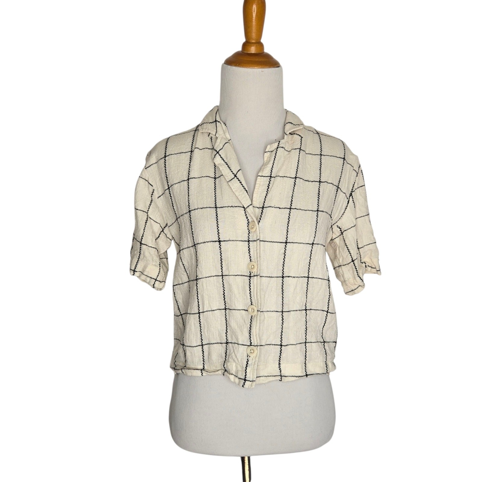 Madewell Linen-Blend Resort Crop Shirt in Windowpane Button Front Women XS