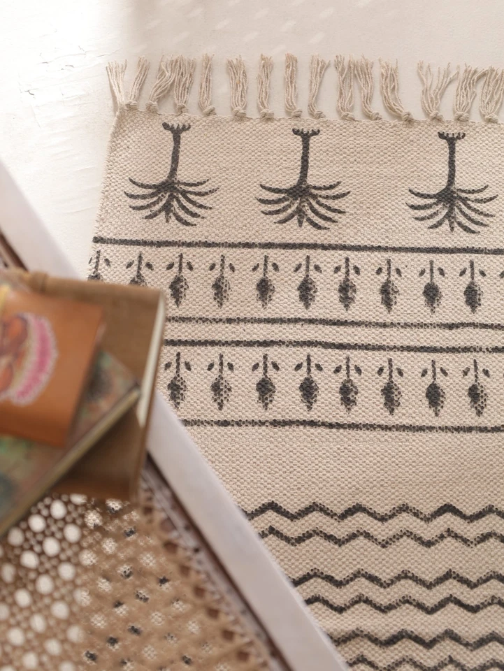 Boho Cotton Rug Hand Block Print Floor Carpet Fringed Mat Kitchen Bedroom Decor - Image 3 of 4